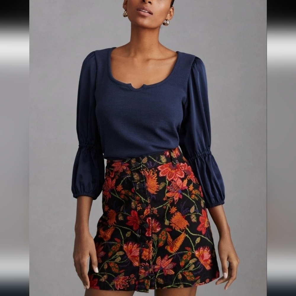 Maeve Blue Ribbed Tiered Satin Sleeve Top Medium